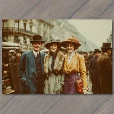 POSTCARD Edwardian Street Portrait Trio Fashion Hats Paris Boulevard Wet
