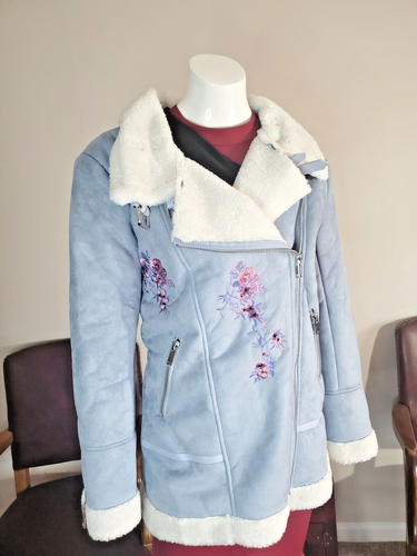 Romeo & Juliette Sky Blue FAUX fur Winter Embroidered Coat Jacket Warm New $285 - Picture 2 of 12