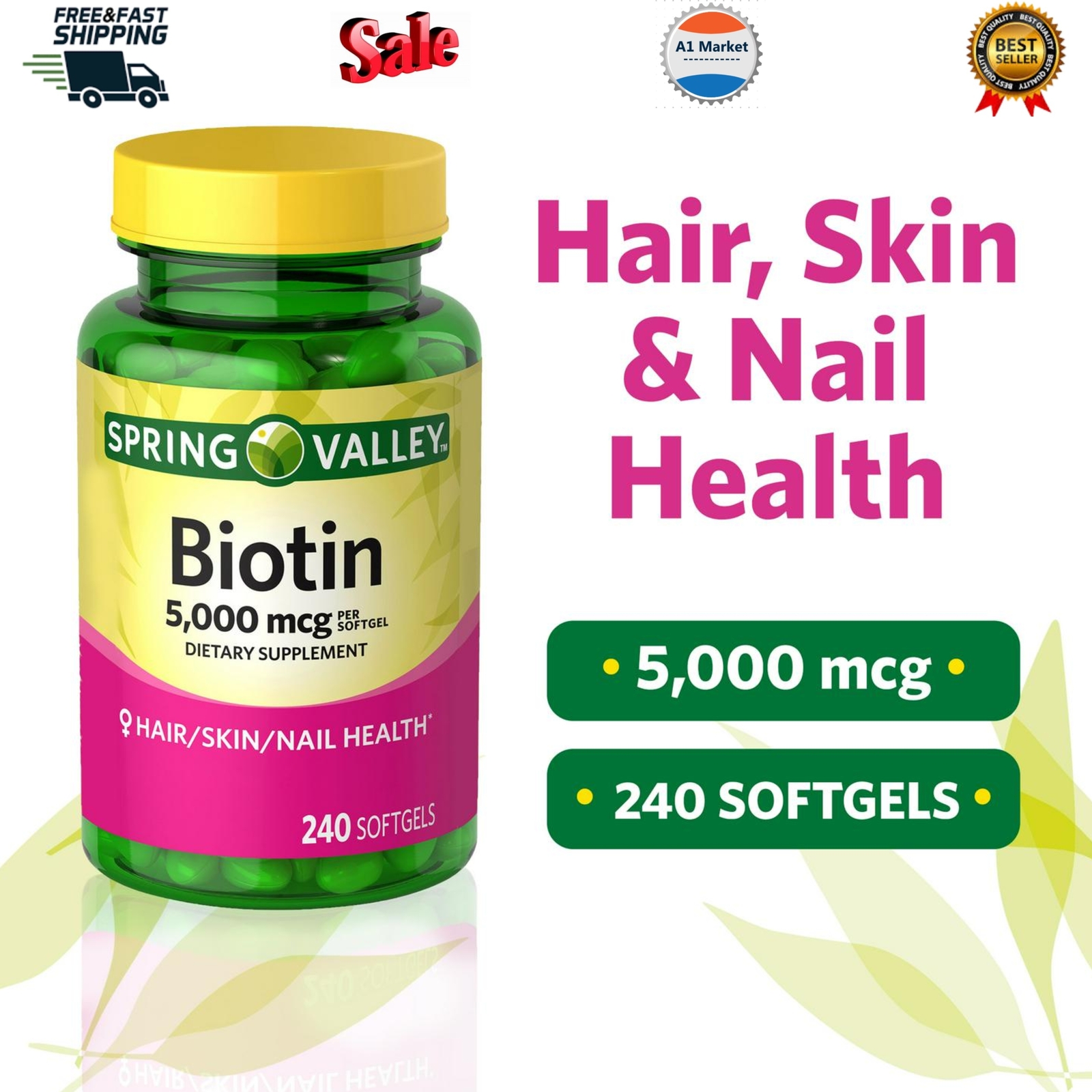 Spring Valley Biotin Hair/skin/nail health softgels Supplement 5,000 mcg, 240 ct 605388009289 | eBay Spring Valley Biotin Hair/skin/nail health softgels Supplement 5,000 mcg, 240 ct 605388009289 | eBay