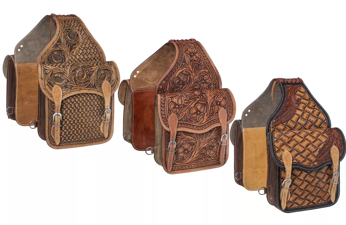Western Leather Saddle Bags Medium Oil Basket Floral Floral Barbwire