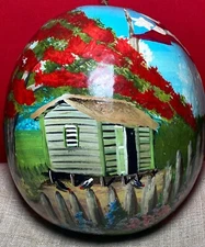 Log Cabin Folk Art Original on Gourd; Liberian Flag Birds Red Tree - Signed