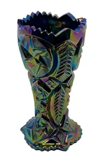 L E Smith Glass, Ohio Star, Amethyst Carnival Glass, Sawtooth Rim, Elegant Vase