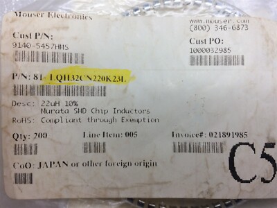 LQH32CN220K23L MURATA FIXED IND 22UH 250MA 710 MOHM ROHS 75 PIECES