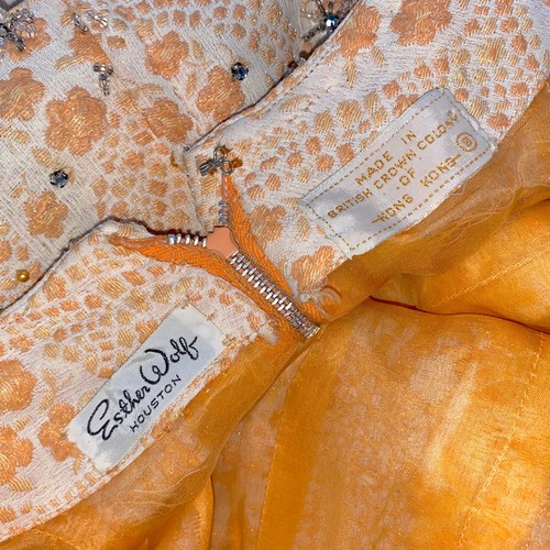 Vintage Esther Wolf Dress Size 8 Orange Floral Rhinestone Beaded Kick Pleat Mini - Picture 14 of 19