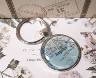 Vintage Map LOS ANGELES CATALINA One-sided Split Silver Key Ring Glass Dome