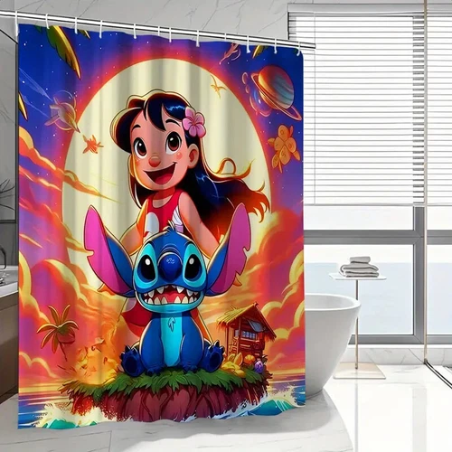 Lio & Stitch Four-Piece Bathroom Set: Shower Curtain, Mat, Toilet Seat Cover