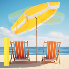 6Ft Boho Patio Beach Umbrella Yellow Tassel Fringe Tilt Button UPF 50 UV Shade