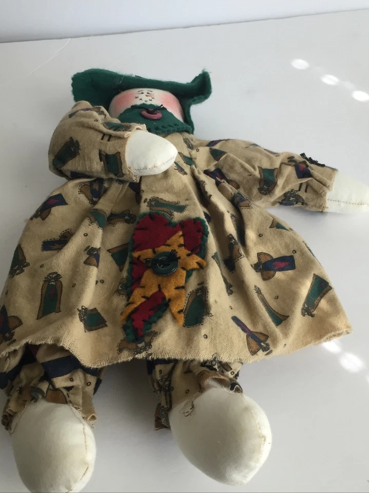 Vestido de franela estilo granja muñeca de tela primitivo - sombrero y bufanda de fieltro 12" de alto Foto 3 de 4