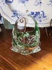 MCM 6.5" Murano Art Glass Green Clear Basket Polished Base