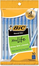 Round Stic Xtra Life Blue Ballpoint Pens, Medium Point (1.0mm), 10-Count Pack of