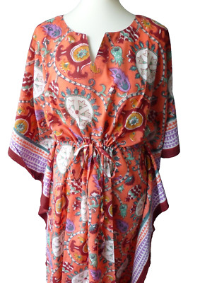 BNWT ANOKHI Long Kaftan Hand Blocked Ethnic Print Orange Mix Dress - Free Size