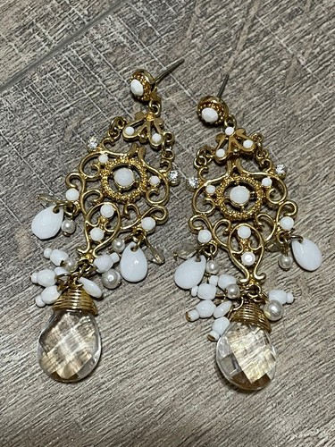 Gold Tone Cream & White Bead Dangle Drop Earrings Mini Chandelier Pierced 3” - Picture 3 of 4