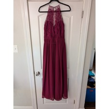 Hayley Paige Occasions Womens 6 Berry Lace Halter Maxi Gown Bridesmaid Dress