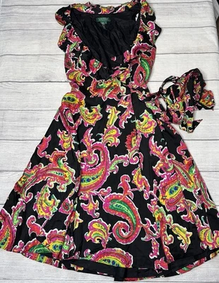 Lauren Ralph Lauren Black Colorful Paisley Ruffle Neck Wrap Dress Silk Size 10 - Image 1 of 4