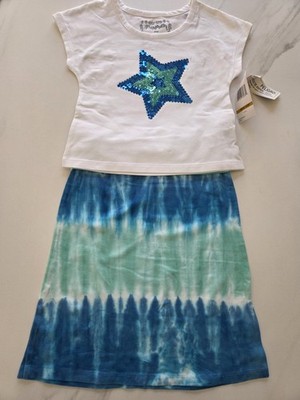 Flapdoodles Girls 2-Piece Outfit Set Size 3T White Top Sequin Star Tie Dye Skirt