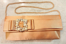 Nina Champagne Clutch Evening Bag Pearl Rhinestone Bow Buckle Gold Chain Strap