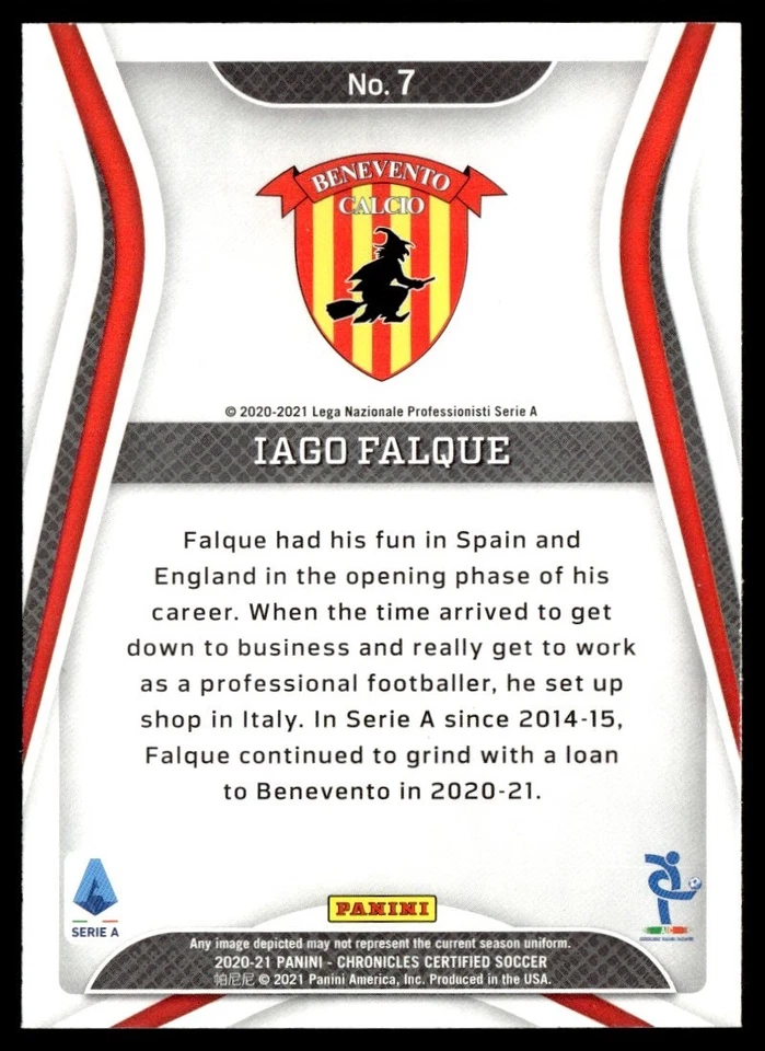 2020 Panini Chronicles Certified Serie A Iago Falque Benevento #7 - Image 2 of 2