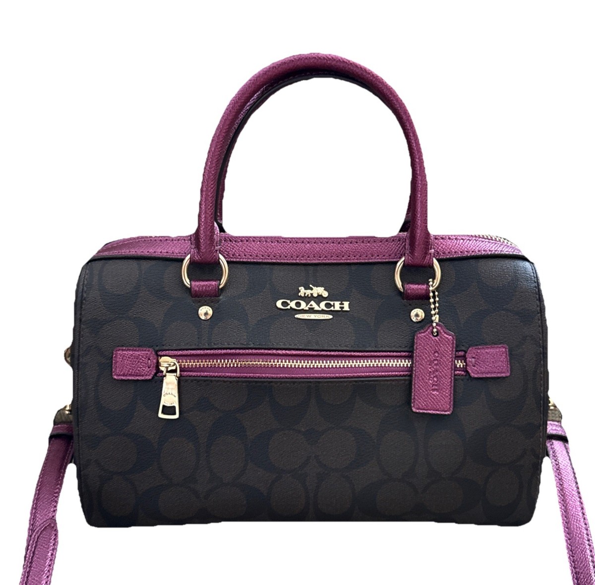 Coach Rowan Satchel Brown/ Metallic Purple Berry Trim Crossbody