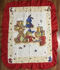 Vtg Handmade Baby Crib Quilt Teddy Doll Alphabet Blocks W/5in Red Ruffle