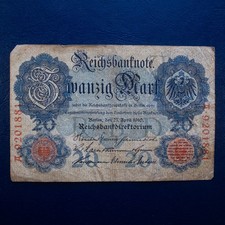 1910 Germany 20 Mark Note, VF Condition, Pre-WWI Imperial Currency N26