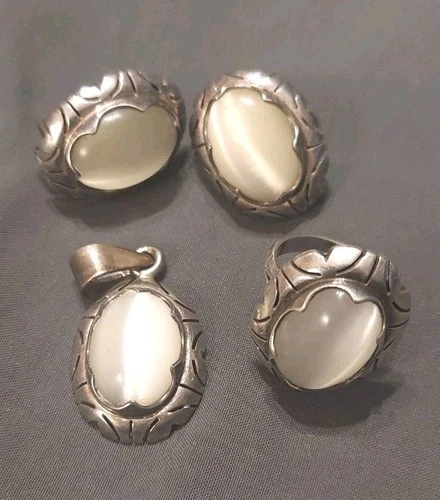 Vtg Mexico 950 Sterling Silver Milky Agate Oval Pendant Charm Earrings Ring Lot