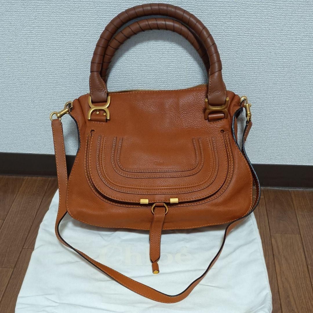 Chloe Marcie Medium Leather 2Way Satchel Handbag Shoulder Bag Tan Brown Authenti