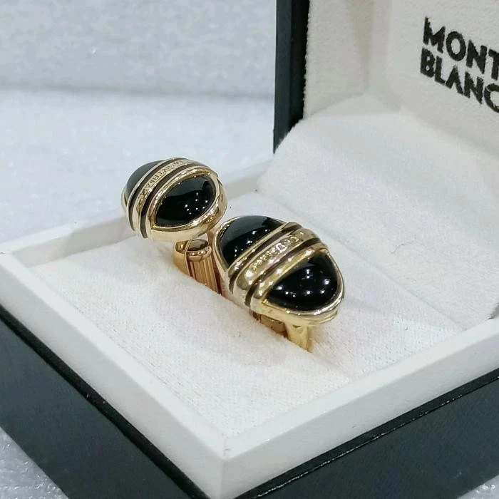 Auténtico Par de Gemelos Montblanc Chapados en Oro Negro Ónix Forma Ovalada VP445 Foto 3 de 4
