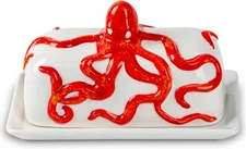 Octopus Butter Dish With Lid For Countertop Ceramic Red 