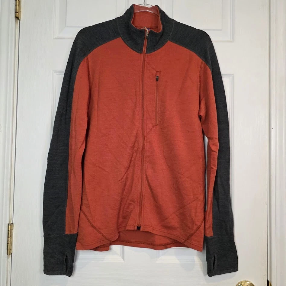 Ibex Men's Size M Full Zip Merino Wool Sweater Jacket Orange Gray Outdoor Hiking - Image 2 of 4