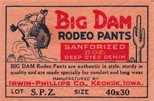 Vintage 1940's Big Dam Rodeo Pants 40x30 Tag Keokuk Iowa Advertising Card