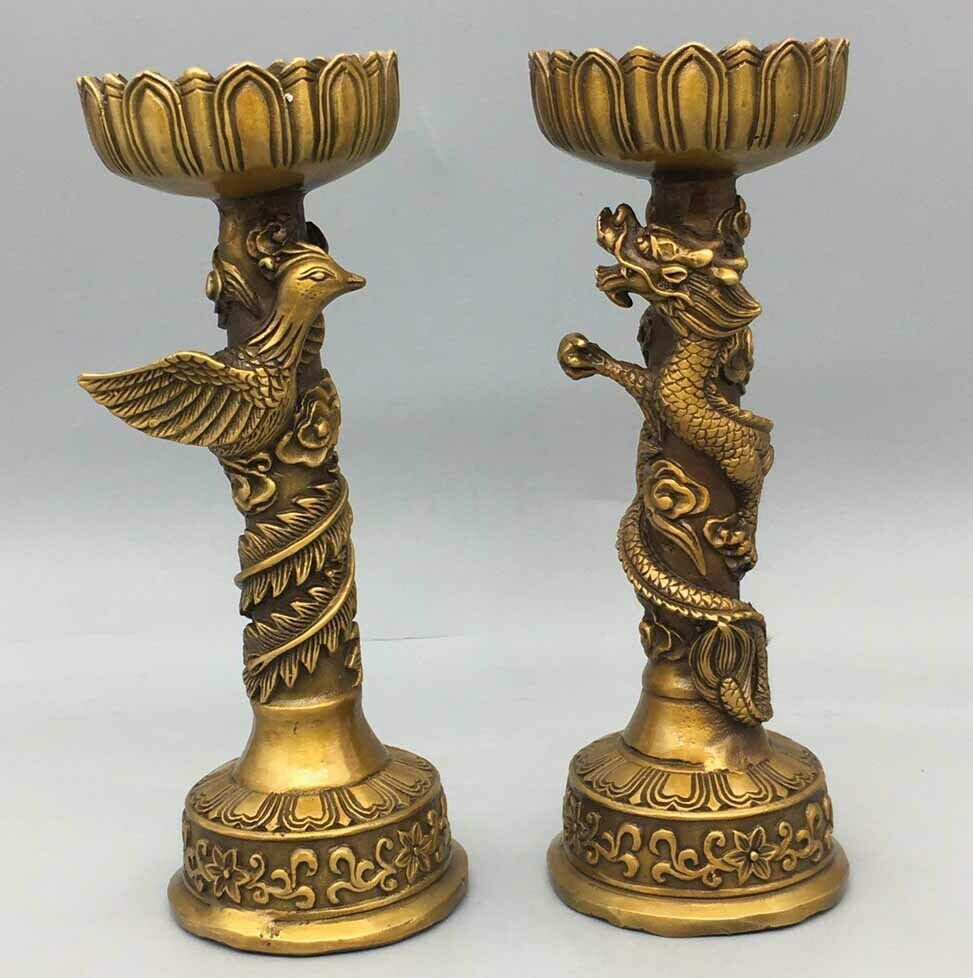 China Old Tibet Buddhism Xuande Mark Bronze Gilt Dragon Phoenix Candlestick Pair