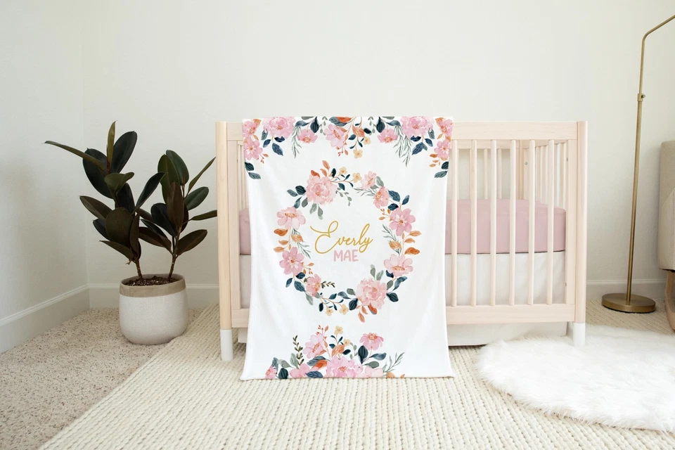 Floral Personalized Baby Girl Blanket, Roses Name Blanket, Minky Newborn Blanket - Image 2 of 4