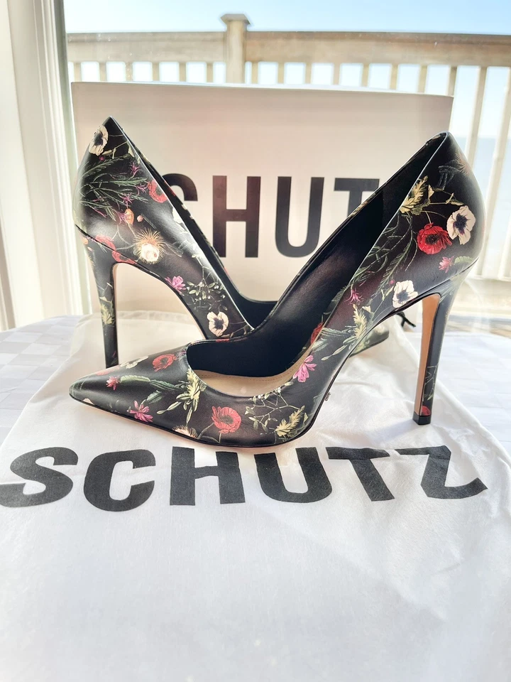 Schutz Gilberta Black Red/White Multi Color Leather Point Toe Pumps 8.5M RARE!! - Image 2 of 4