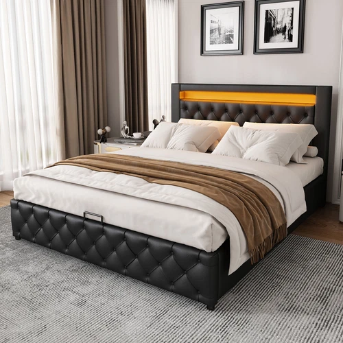 LED Light Functional Upholstered Bed with Slatted Frame and Storage Space - Picture 6 of 26