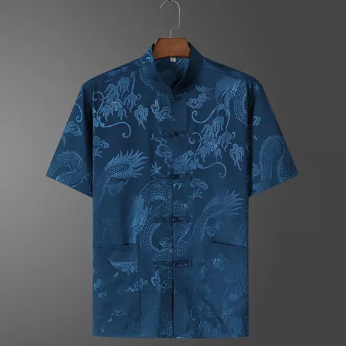 Men's Silk Satin Tang Shirt Tops Dragon Print Short Sleeve Chinese T-shirt Pants - Picture 15 of 16