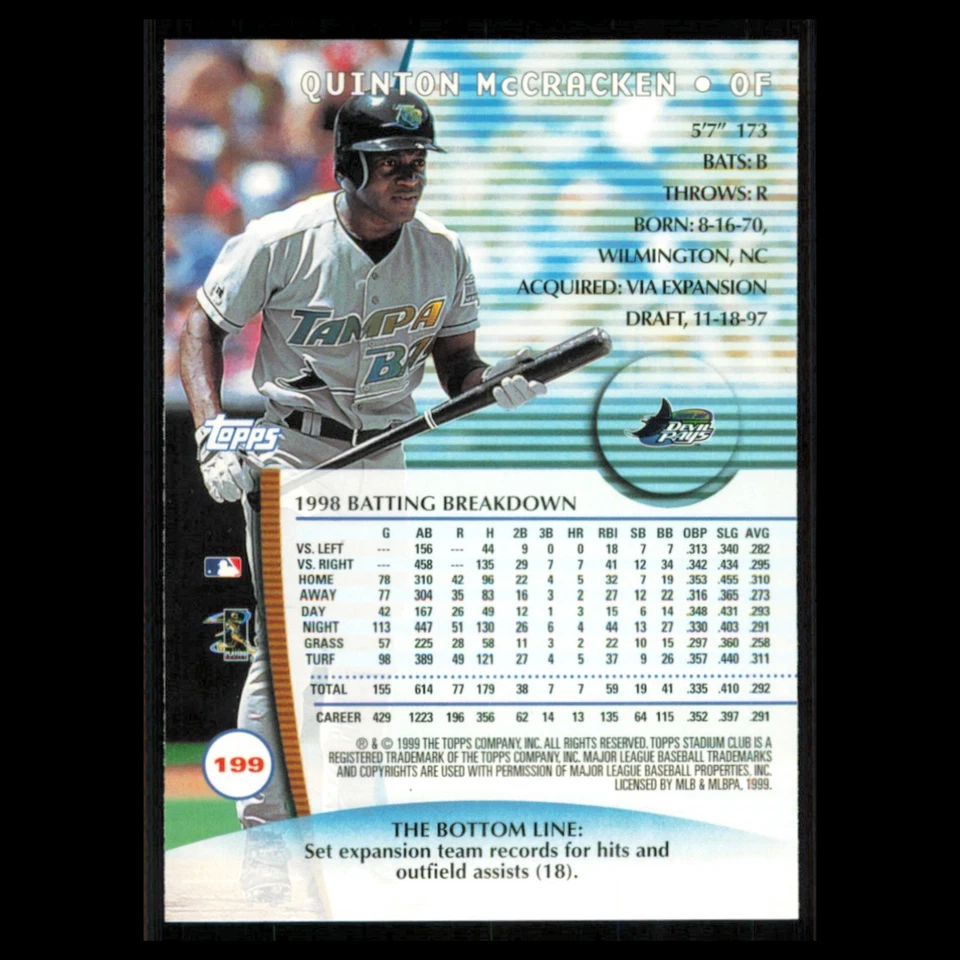 Quinton McCracken #199 1999 年 Topps 体育场俱乐部坦帕湾魔鬼光芒棒球 MLB — 第 2/3 张图片