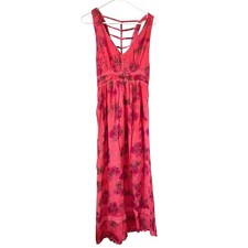 Raga Pink Floral Maxi Dress V-Neck Ladder Back Crochet Lace Inset NWT Small