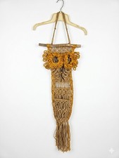 Vintage 70s Macrame Owl Wall Hanging Large 36 Jute Boho Fiber Art Wood Beads