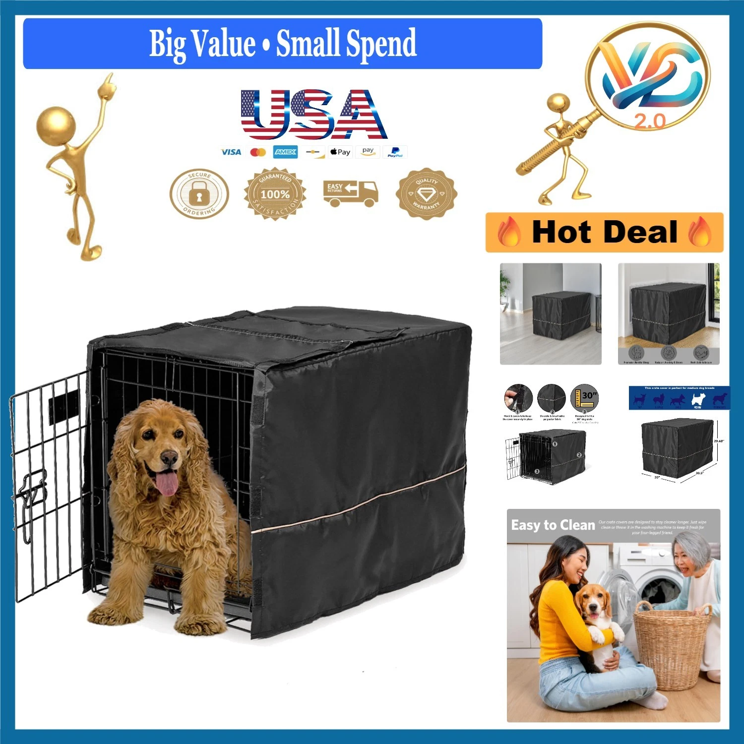 Black Polyester Dog Crate Cover Fits 30-inch Crates Privacy & Calming
