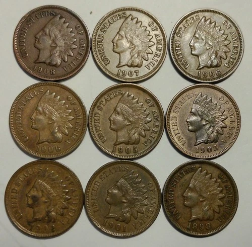 Lot of 9 VF-AU Indian Head Cents Pennies 1898-1908