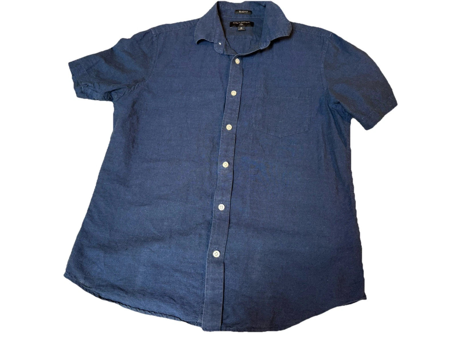 Banana Republic Linen Blend M Slim Fit Navy Short Sleeve Button Up Shirt Coastal
