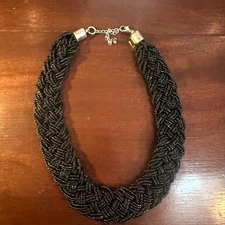 Glass Beads Braided Chunky Necklace Black Silver Statement Maximalism Choker