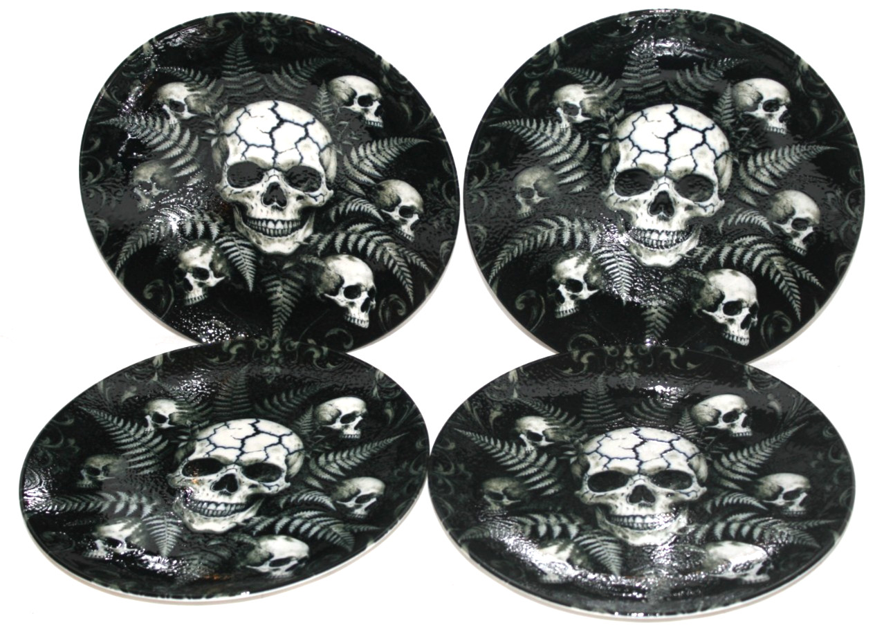 Zrike Haunted Skulls &Amp; Ferns Scary Halloween Salad Plates Set Of Four New