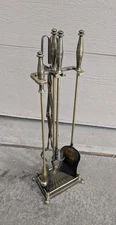 Vintage Mid Century Art Deco Brass & Metal Fireplace Tool Set 4 Tools + 1 Stand