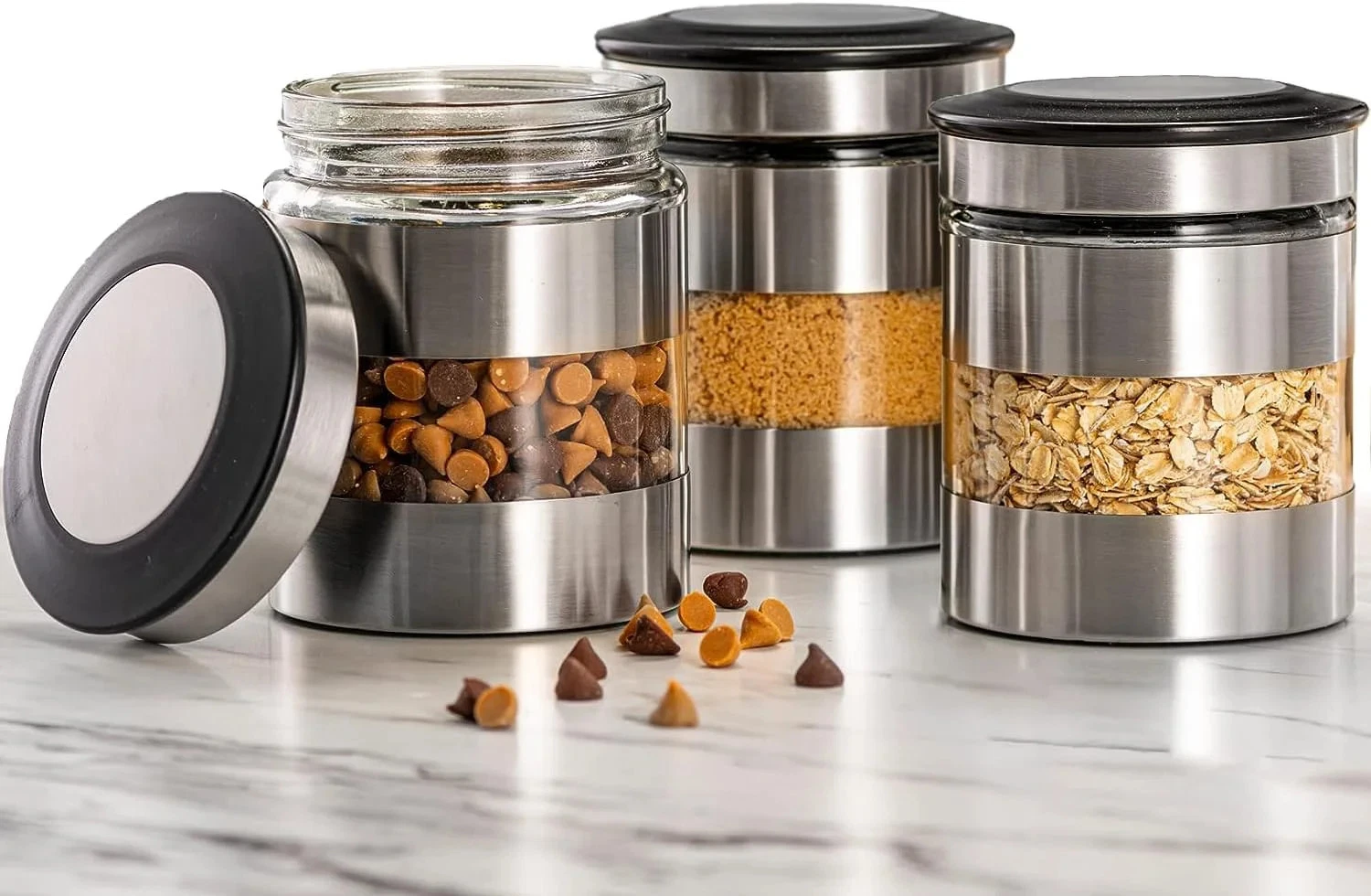 Le'raze Quality Stainless Steel Canister Set of 3 for Kitchen Counter with Glass