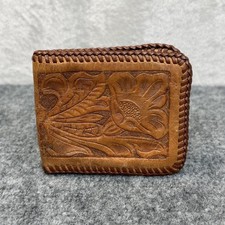 VTG Tooled Leather Wallet Mens Brown Bifold F...