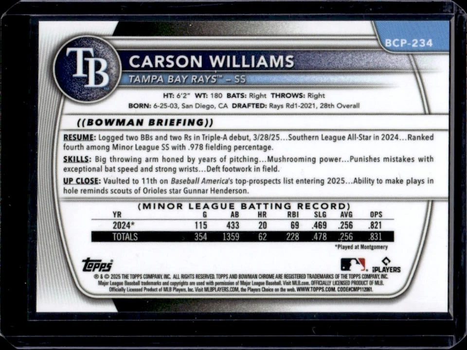2025 Bowman Chrome Carson Williams Prospects Reptilian Black Refractor #/10 Rays - Image 2 of 2