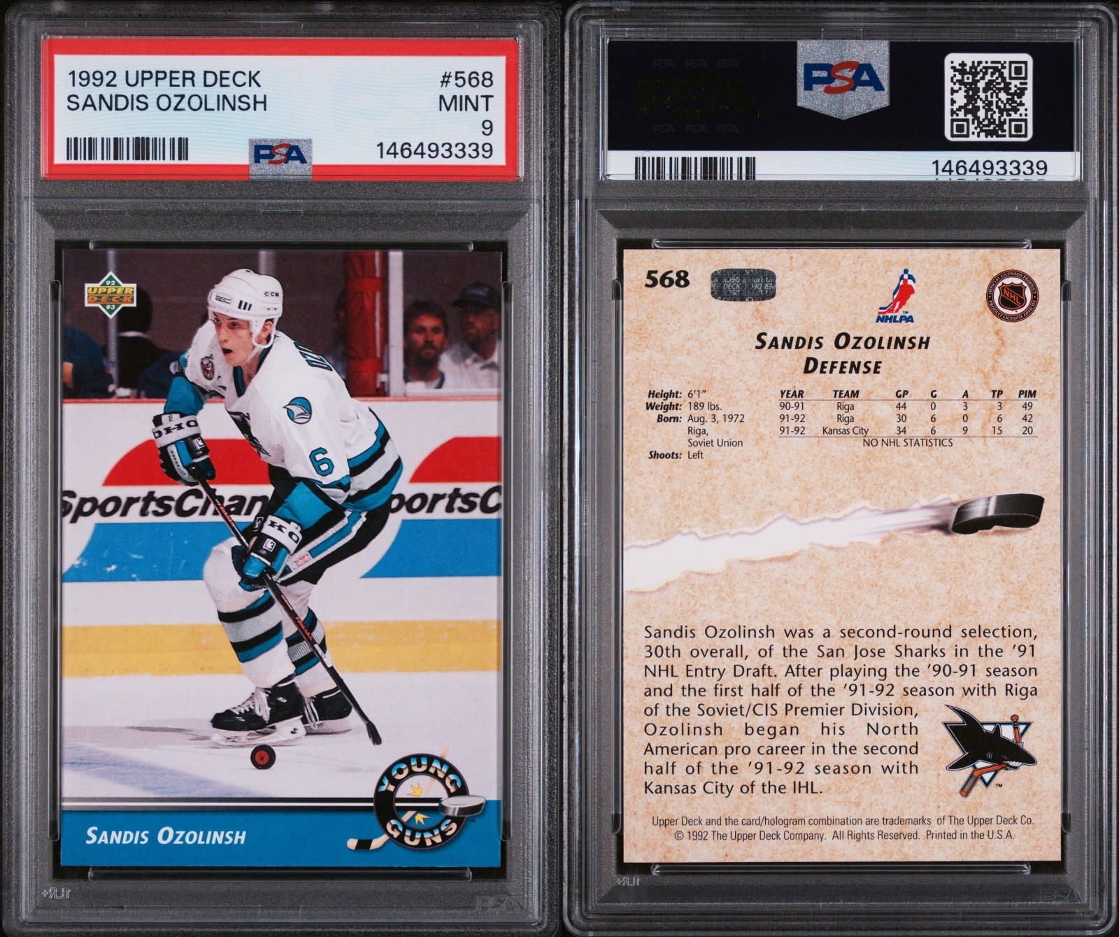 1992-93 Upper Deck Young Guns Sandis Ozolinsh #568 PSA 9 MINT Rookie RC