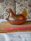 Vtg. Indiana Glass Iridescent Amber Carnival Glass Hen On Nest Pre-owned