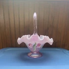 Fenton Hand Painted Pink Floral Art Glass Basket with Handles, Decorative